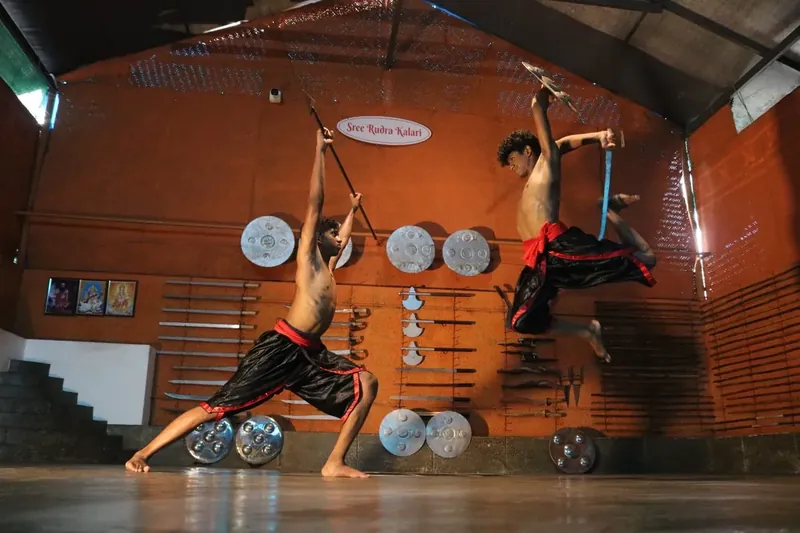 A leaping weapons sequence in the kalari at Sree Rudra Kalari, Tripunithura