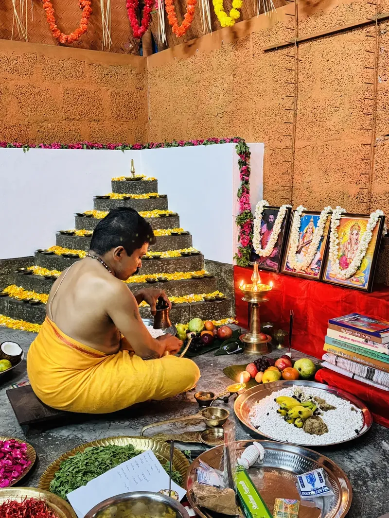 Pooja before the poothara with the lit nilavilakku at Sree Rudra Kalari, Tripunithura